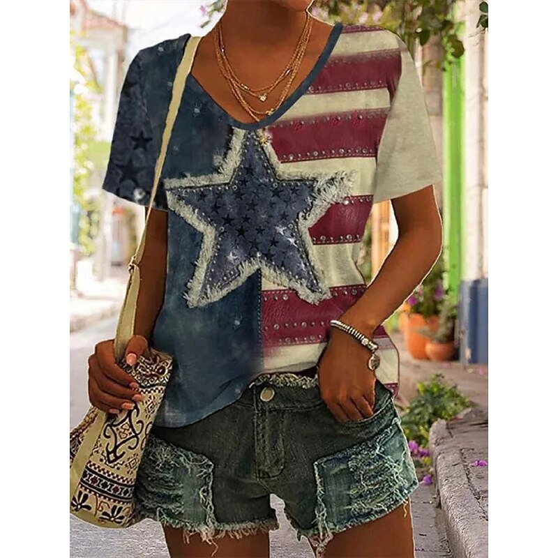 Women's Patriotic  T Shirt Heart Graphic Flag Stylish Casual Short Sleeve V Neck Regular Tops Daily Print Blue Purple Brown Green Summer Spring