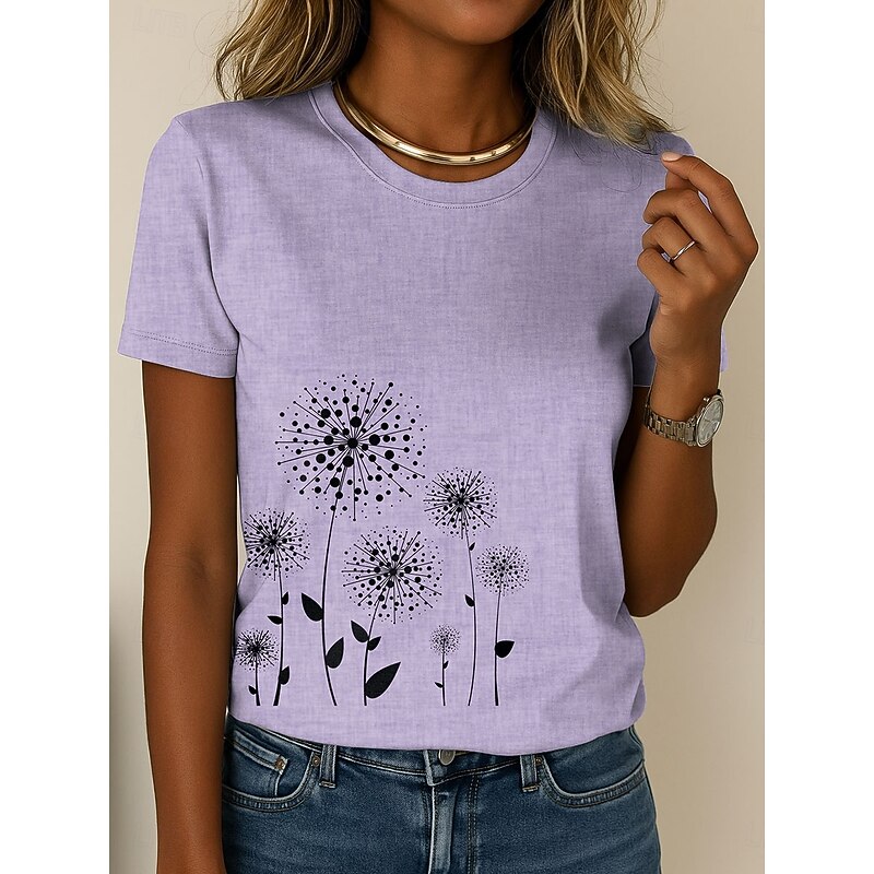 Women's T Shirt Floral Graphic Plants Casual Short Sleeve Round Neck Regular Tops Daily Going out Weekend Print Blue Purple Green Khaki Summer2