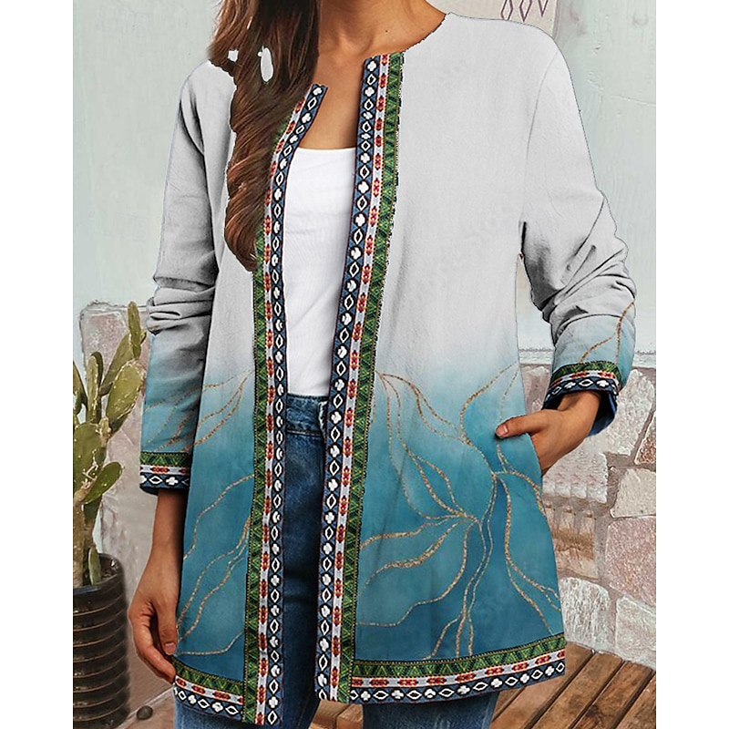 Women's Dressy Dusters Dressy Jackets Casual Jacket Street Going out Fall Winter Regular Coat Regular Fit Warm Comfortable Fashion Modern Jacket Long Sleeve Floral Pocket Wine Blue Sky Blue