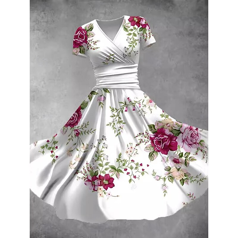 Women's Midi Dress A Line Dress Summer Dress Fit And Flare Dress Party Casual Daily Holiday Regular Fit Floral Graphic Short Sleeve V Neck Black White Orange Summer2