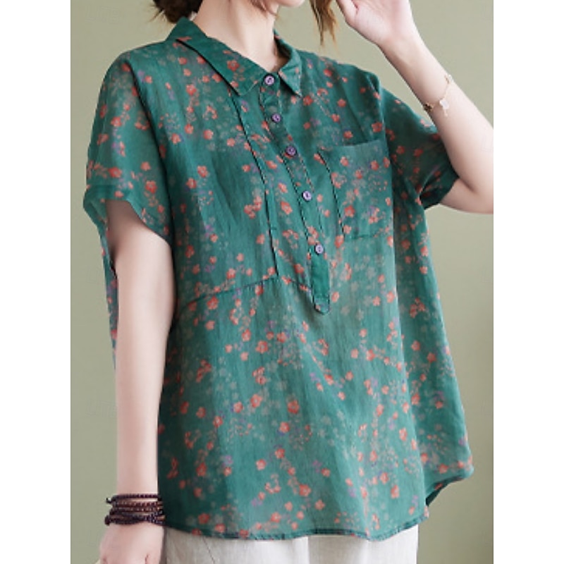 Women's Cotton Linen Shirts Floral Basic Casual Short Sleeve Shirt Collar Regular Tops Daily Buttons Print Blue Green Summer3
