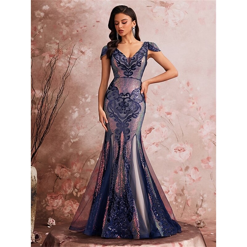 Mermaid / Trumpet Quinceanera Dresses Elegant Dress Formal Wedding Floor Length Short Sleeve V Neck Polyester with Sequin4