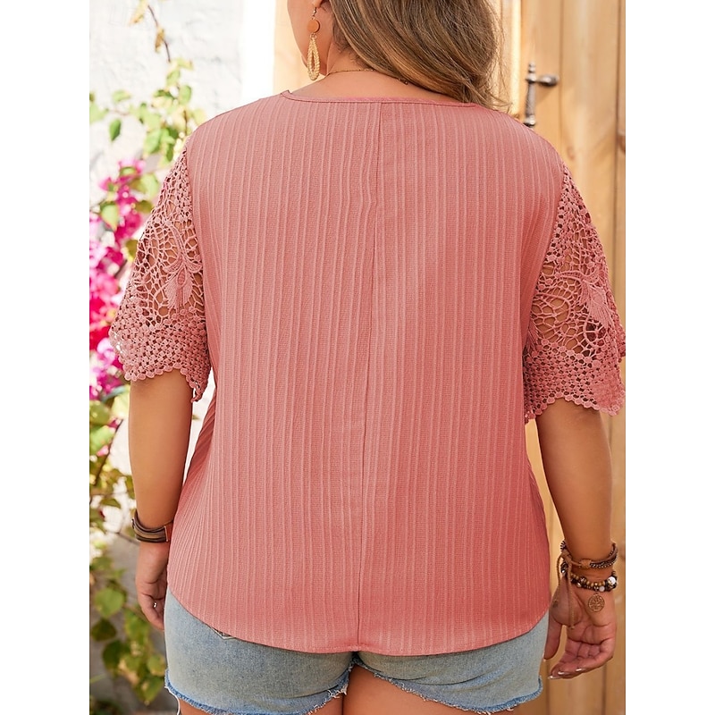 Women's Plus Size Tops Blouse Solid Color Lace Patchwork Half Sleeve V Neck Fashion Streetwear Daily Weekend Polyester Summer Fall Pink2