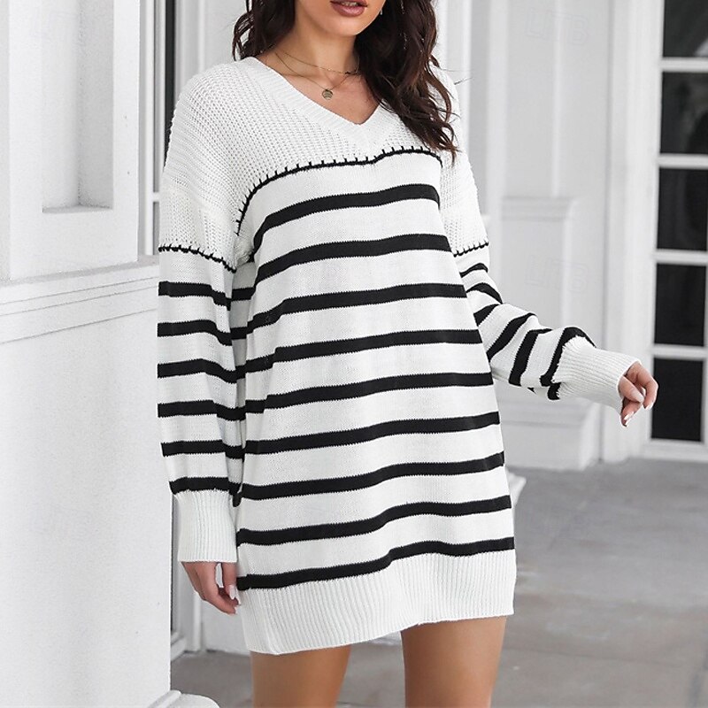 Women's Mini Dress Sweater Dress Casual Dress Fashion Outdoor Party Holiday Regular Fit Striped Long Sleeve V Neck Black White Fall3