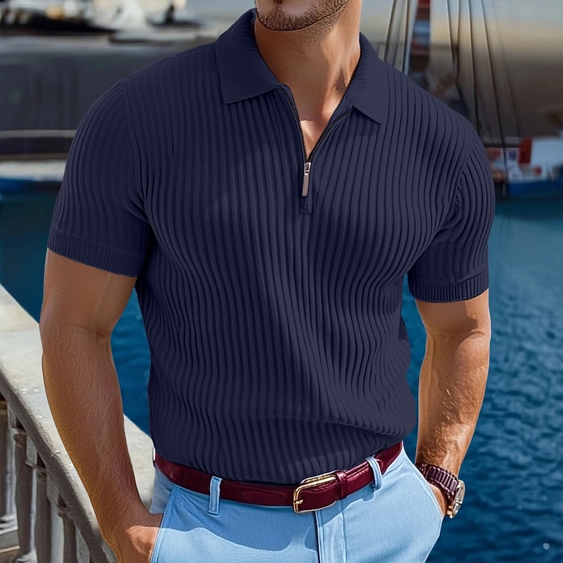 Men's Zip Polo Muscle Shirt Vacation Casual Lapel Quarter Zip Short Sleeve Fashion Basic Plain Ribbed Quarter Zip Summer Slim Fit Light Blue White Navy Blue Gray Zip Polo4