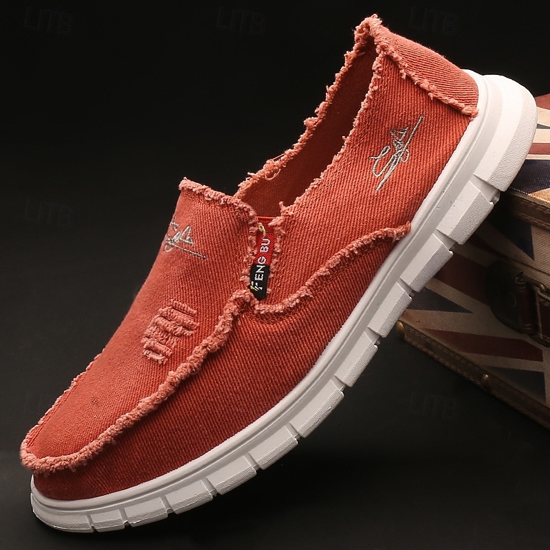 Men's Red Distressed Canvas Slip-On Loafers Frayed Edge Design with Cushioned Sole Ideal for Summer Streetwear Weekend Outings and Casual Days