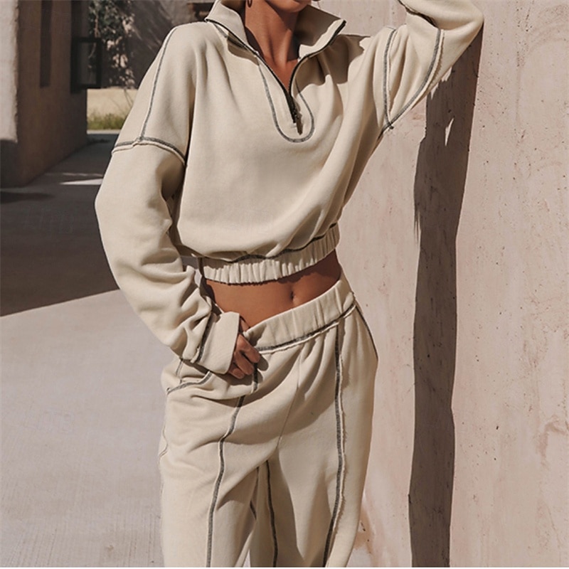 Women's Tracksuit Sweatsuit Activewear Set Pocket Solid Colored Clothing Suit Fall Apricot Grey Gym Workout Sports Thermal Warm Windproof Soft Long Sleeve Sport Activewear Micro-elastic Regular Fit