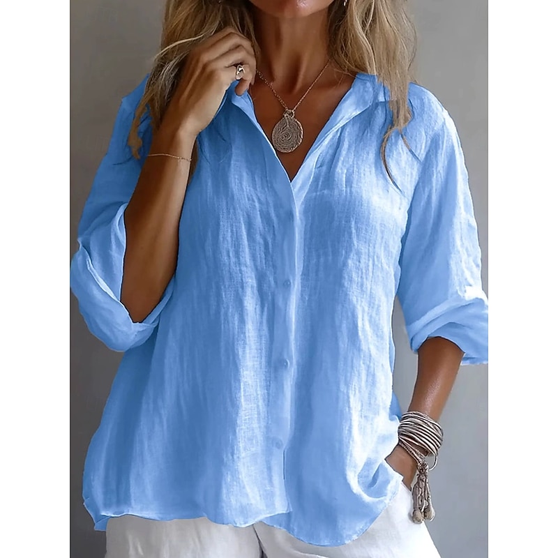 Women's 100% Cotton Shirt Solid Color Plain Stylish Casual Long Sleeve Shirt Collar Regular Tops Daily Holiday Buttons White Yellow Pink Blue Summer Spring4