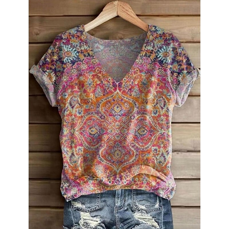 Women's T Shirt Graphic Paisley Vintage Stylish Classic Short Sleeve V Neck Regular Tops Daily Print Black Red Orange Violet Gray Summer Spring4