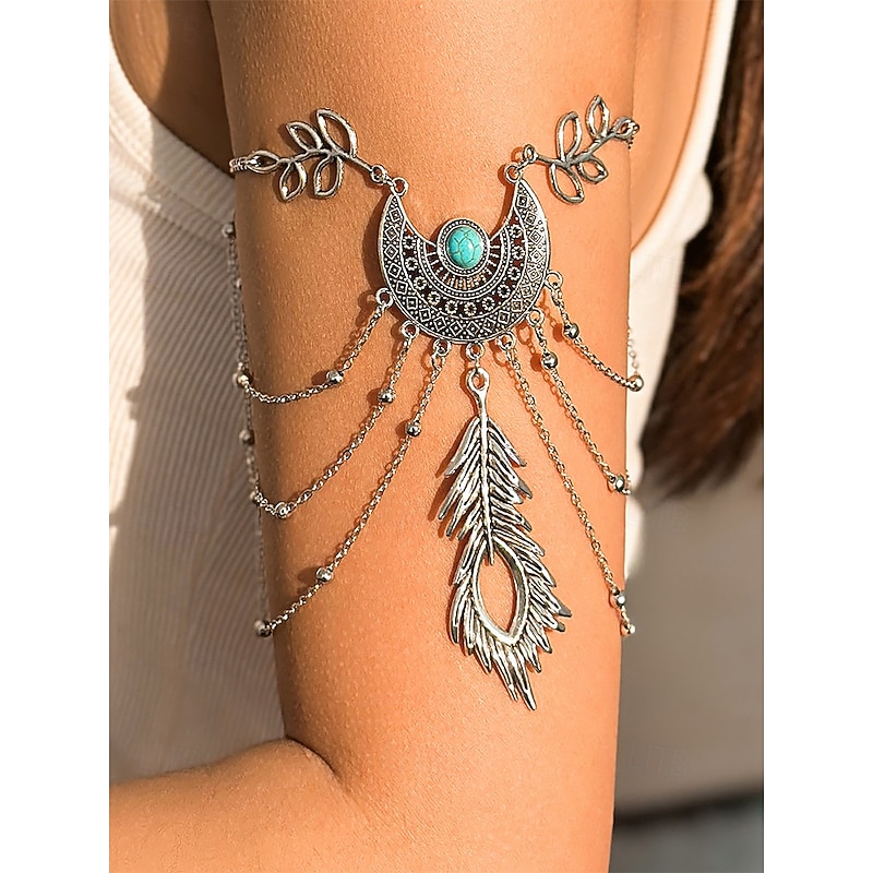 Women's Bohemian Turquoise Arm Cuff Bracelet – Tribal Leaf Chain Jewelry with Moon Medallion for Festivals, Summer Parties and Beachwear