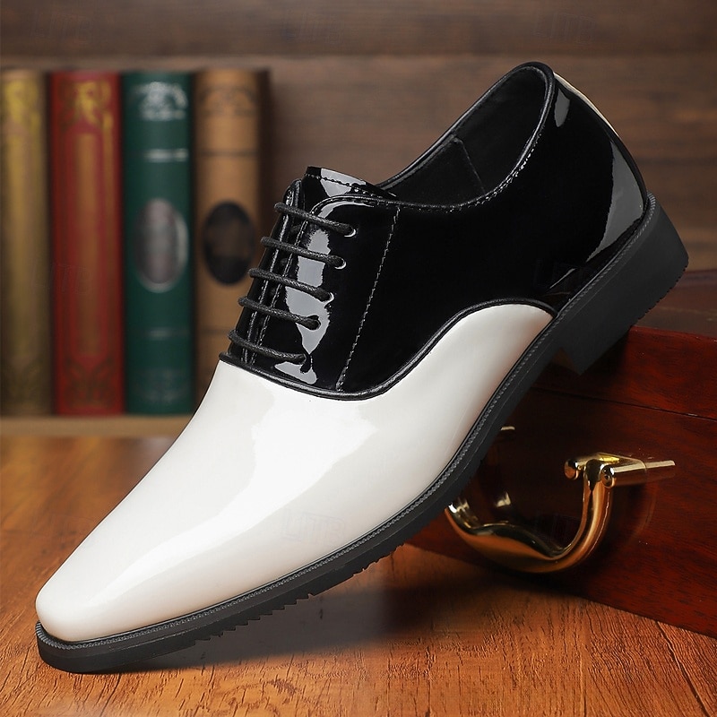 Men's Black and White Patent Leather Oxford Shoes – Classic Lace-Up Formal Shoes for Weddings, Galas & Evening Events