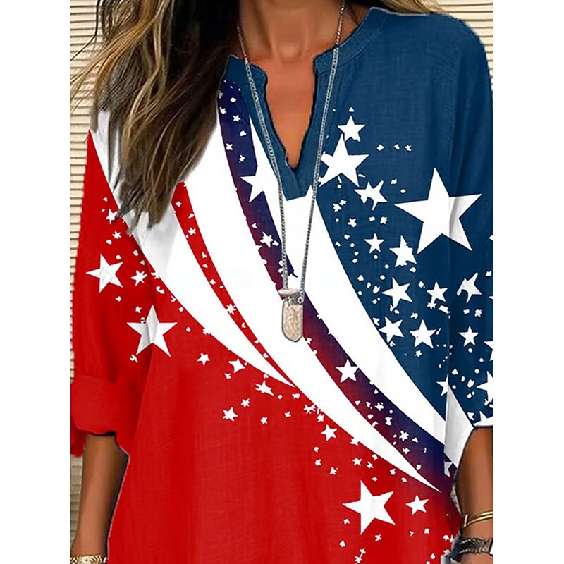 Women's Blouse Tunic V Neck Long Sleeve Boho Casual Patriotic Graphic Flag Vintage Stylish Regular Tops Daily Red2