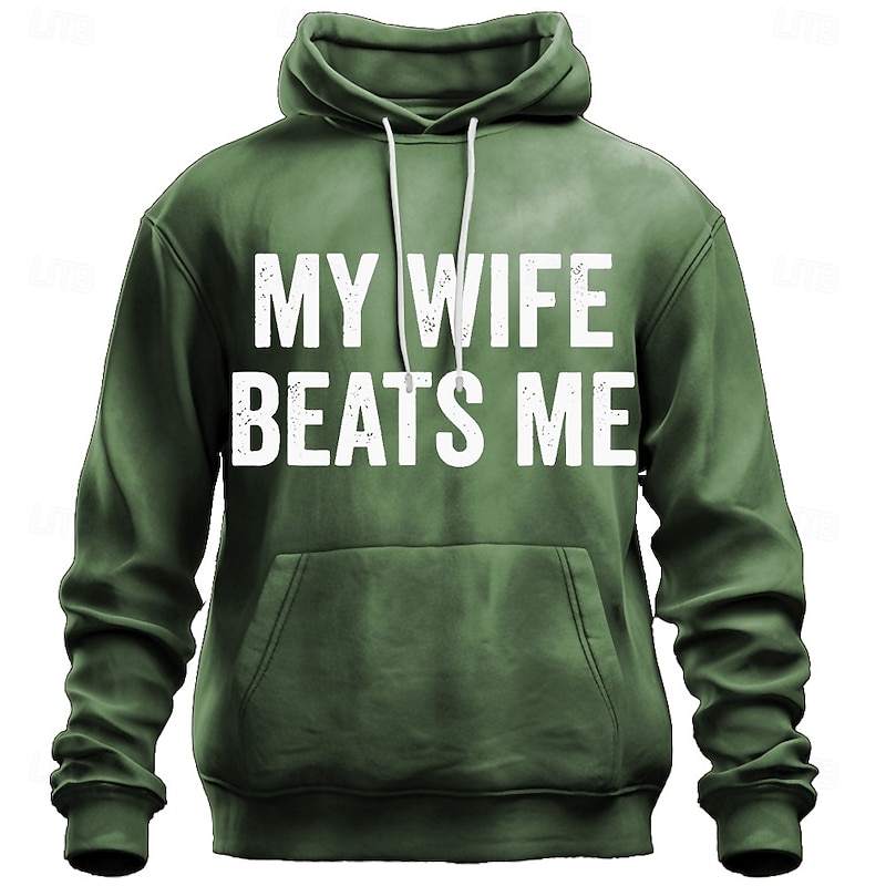 Men's Funny 'My Wife Beats Me' Graphic Hoodie, Humorous Marriage Relationship Pullover, Novelty Husband Gift