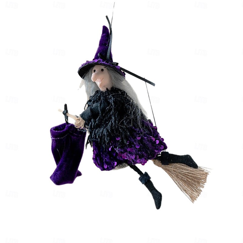 Halloween Witch Ornament Set Magic Broom, Gift Bag, Witch Hat, Costume Props Spooky Party Decor for Haunted House, Yard, Scene Setup4