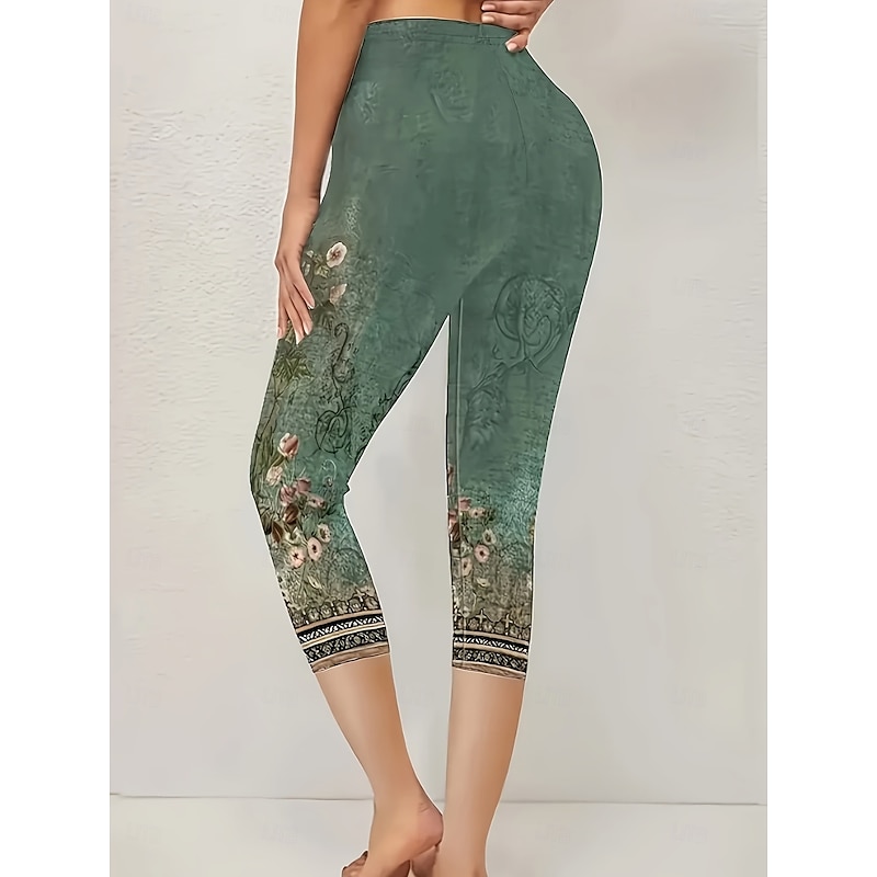 Women's Leggings Vacation Vintage Ethnic Style Calf-Length High Waist Floral Graphic Quick Dry Soft Comfortable Stretchy Outdoor Vacation Causal Green Summer Spring Slim Fit2