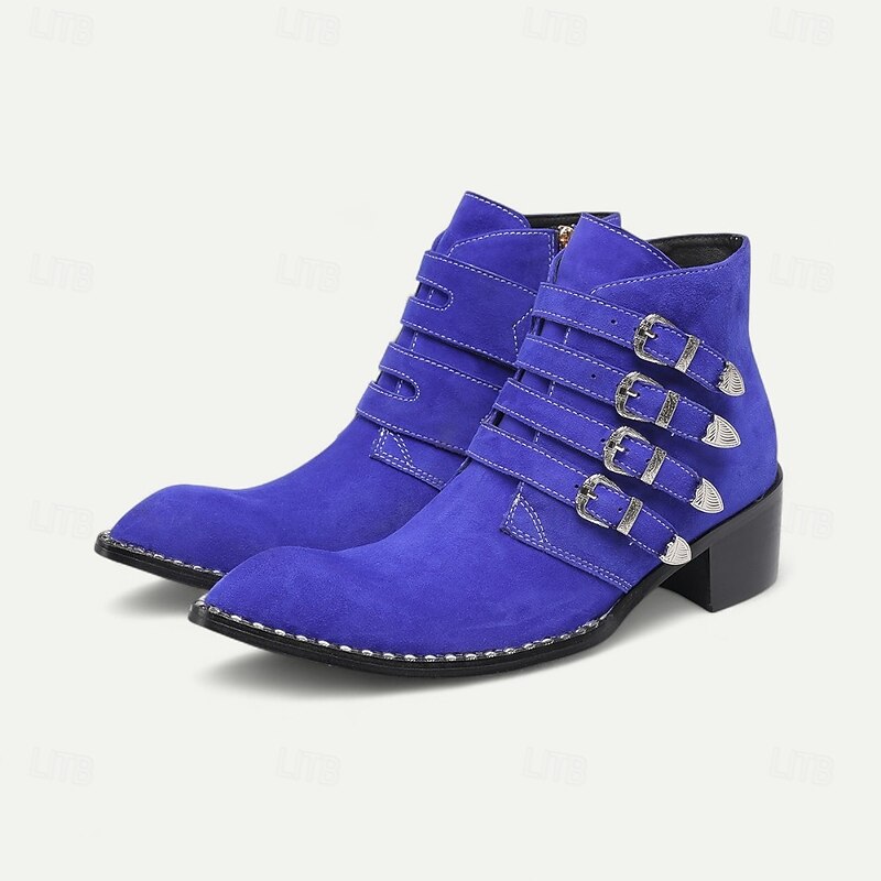 Men's Blue Genuine Cowhide Leather Biker Boots with Buckle Straps – Stylish Retro Boots for Casual, Street Style and Nightlife2
