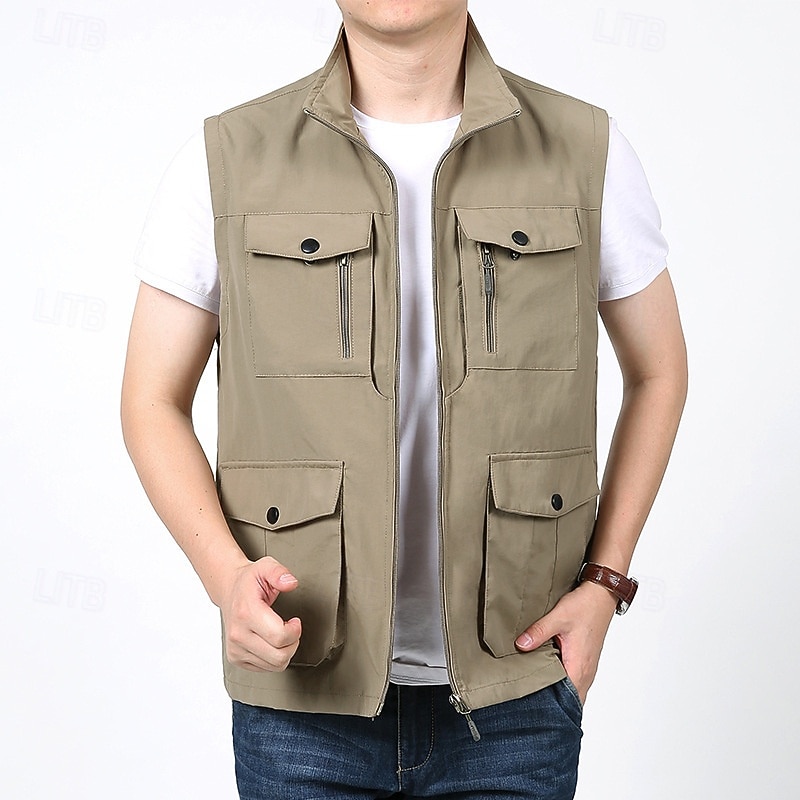 Men's Fishing Vest Hiking Vest Sleeveless Vest Outdoor Thermal Warm Lightweight Breathable Winter Zipper Multiple Pockets Polyester Nylon Black Army Green Khaki Hunting Fishing Climbing