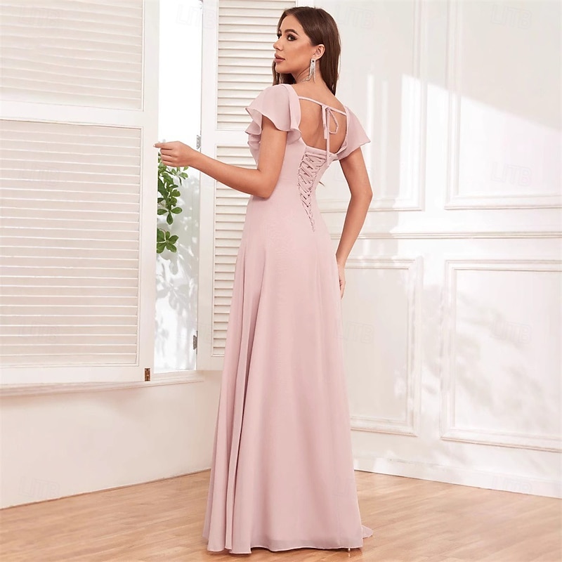 Wedding Dresses A-Line Square Neck Short Sleeve Floor Length Chiffon Bridal Gowns With Pleats Solid Color2