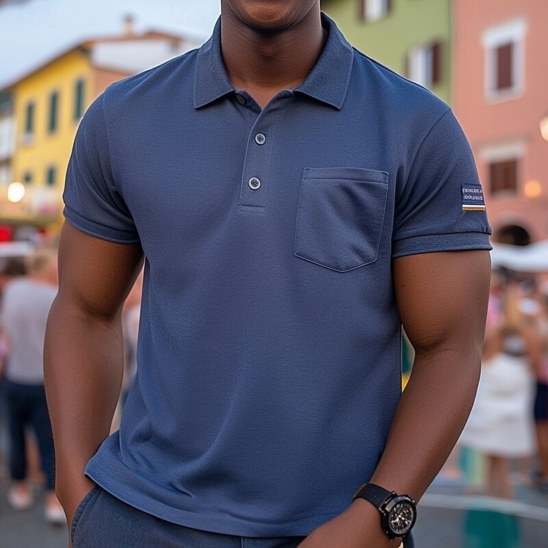 Men's Polo Shirts Golf Shirt Casual Sports Classic Short Sleeve Fashion Cool Color Block Buttons Plain Summer Spring &  Fall Regular Fit Navy Blue Polo Shirts