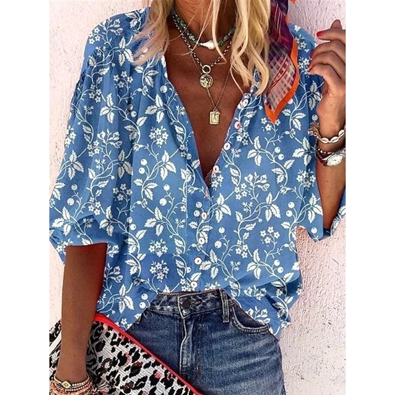 Women's Summer Tops Floral Graphic Bohemia Vintage Daily 3/4 Length Sleeve V Neck Regular Tops Daily Beach Wear Vacation Wear Print Blue Purple Khaki Summer Spring Fall