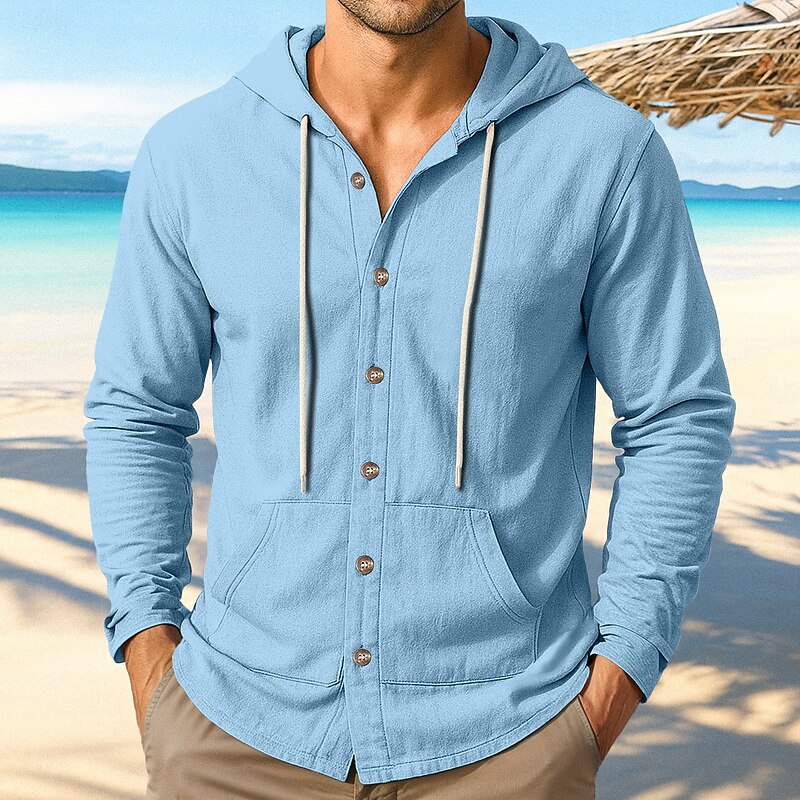 Men's Shirt Linen Shirt Summer Shirt Beach Wear Hooded Shirt Untucked Shirts Solid Color Vacation Street Black White Navy Blue Green Long Sleeve Hoodie Summer Spring Clothing Apparel Hooded