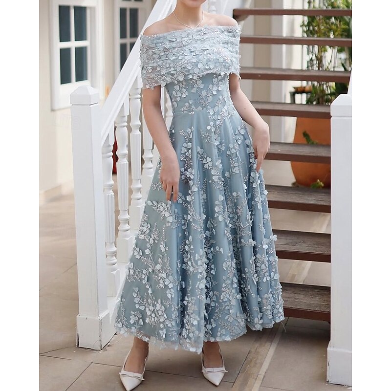 A-Line Cocktail Dresses Detachable Cape Elegant Dress Formal Wedding Tea Length Midi Length Sleeveless Off Shoulder 3d Floral Lace with Beading Ruched Details