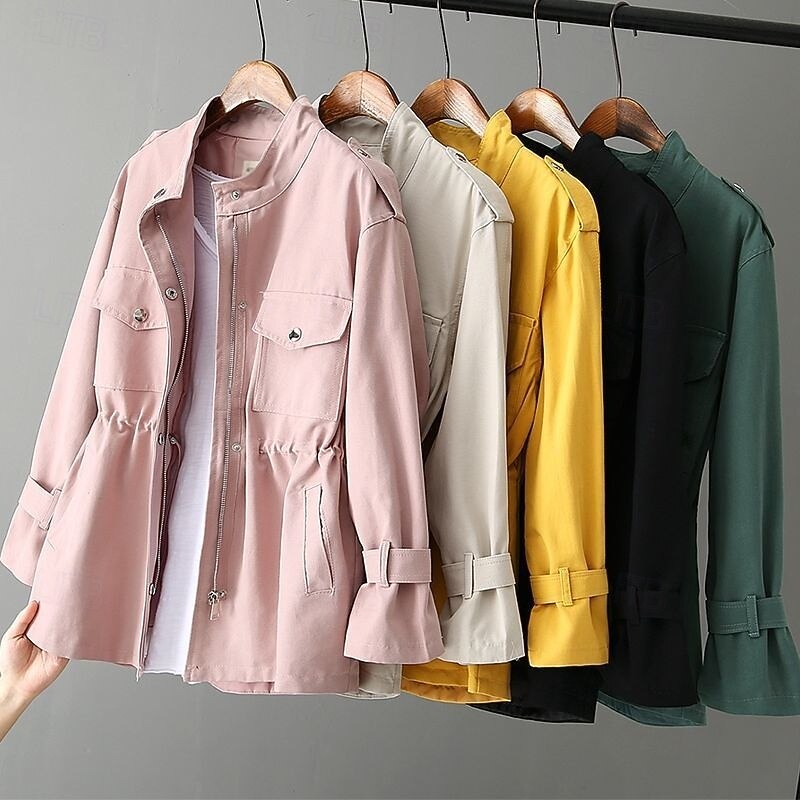 Women's Casual Jacket Comfortable Breathable Pocket Casual Plain Street Casual Daily Wear Zipper Regular Turndown Loose Fit Long Sleeve Outerwear Black White Pink Summer