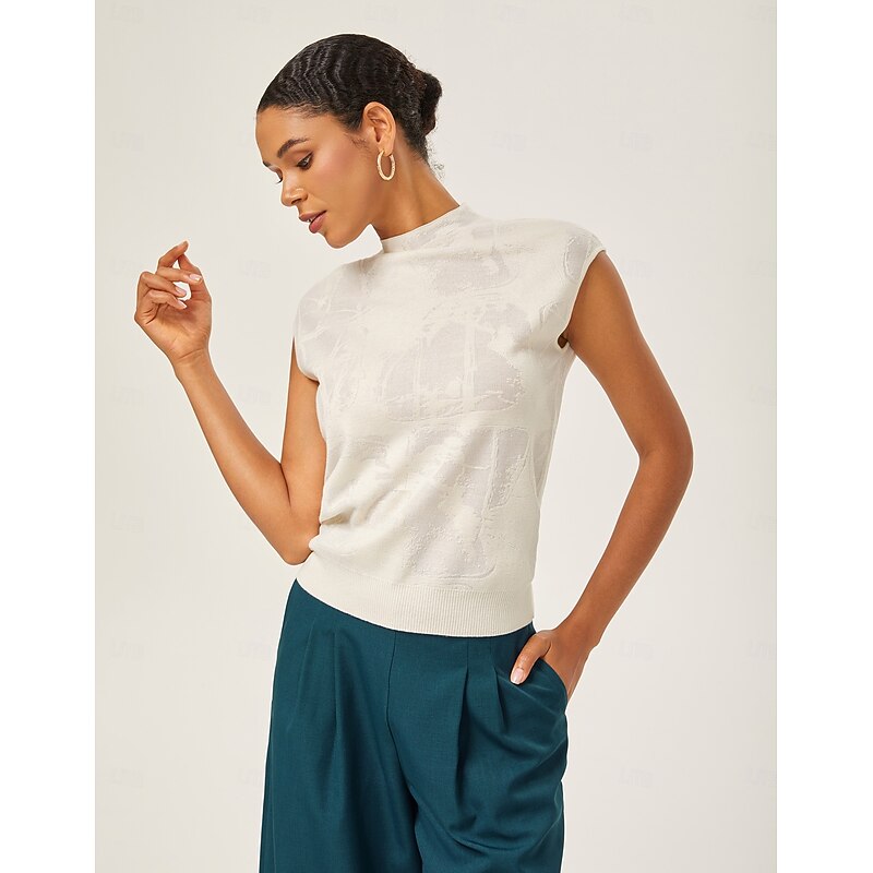 Ivory Wool Jacquard Mock Neck Knit Top - Main Image