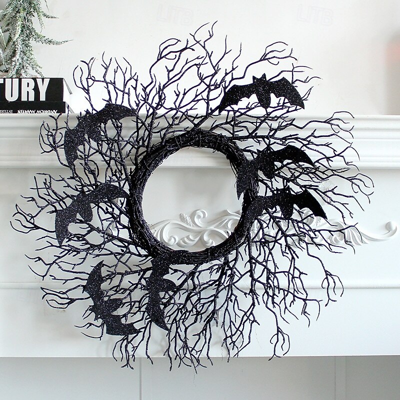 Halloween Wreaths for Front Door Indoor Outdoor Decoration, Faux Black Dead Branch Vine Wreath with Bat Accents for Party and Window Hanging Decor