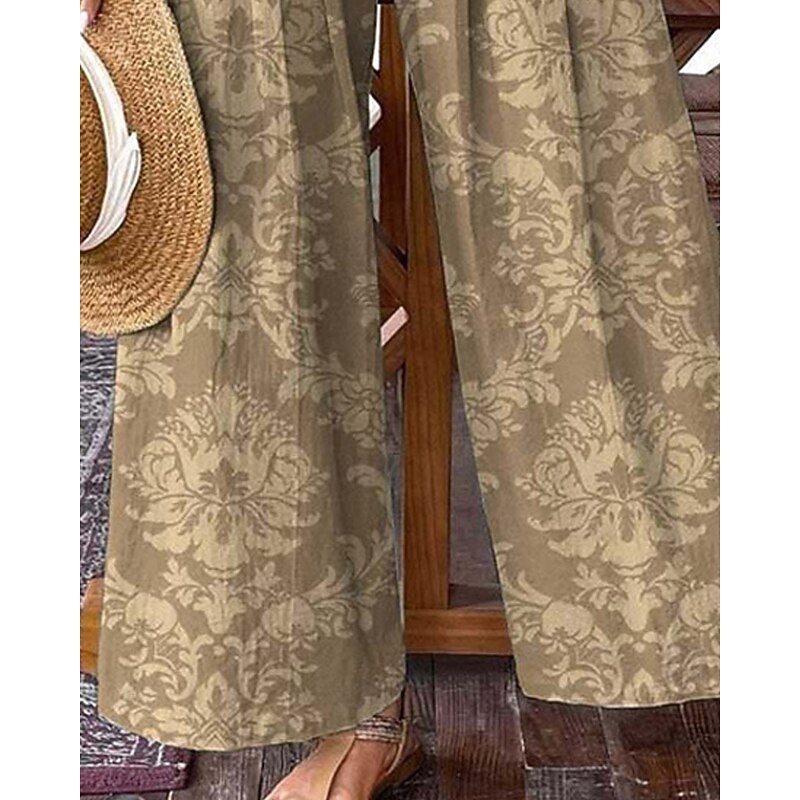 Women's Pants Trousers Palazzo Pants Fashion Boho Full Length High Waist Floral Elastic Waist Comfy Comfortable Micro-elastic Street Daily Wear Going out Khaki Summer Spring Regular Fit3