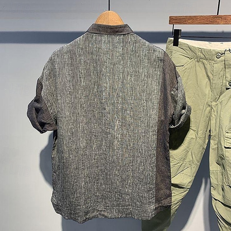 Men's Shirt Linen Shirt Popover Shirt Casual Shirt Cotton Shirt Color Block Vacation Street Apricot Gray Short Sleeve Turndown Summer Clothing Apparel Patchwork3