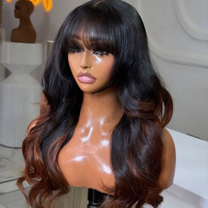 Human Hair 5x5 Closure 13x4 Lace Front Wig With Bangs Brazilian Hair Wavy Brown Multi-color Wig 130% 150% Density Ombre Hair 100% Virgin Glueless Pre-Plucked For Women Long Human Hair Lace Wig3
