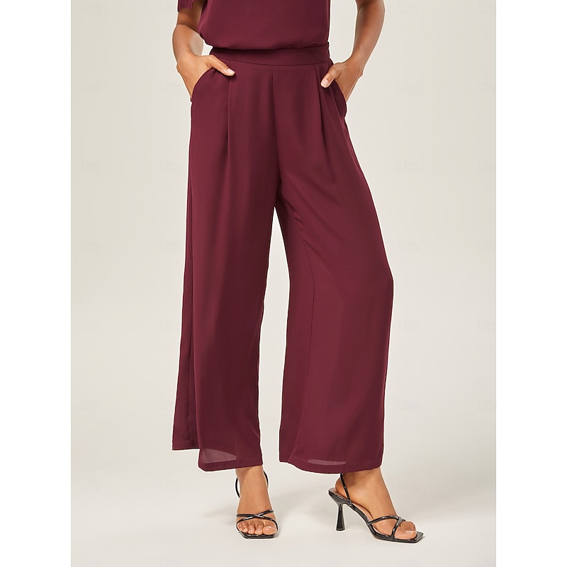 Women's Female Loose Culottes Wide Leg Full Length Chiffon Elegant Formal Burgundy Summer Spring XS S M