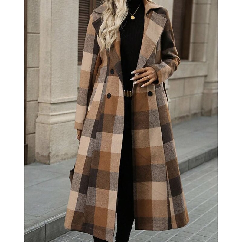 Women's Coat Trench Coat Warm Comfortable Buttons Pocket Fashion Modern Plaid Vacation Going out Double Breasted Long Turndown Regular Fit Long Sleeve Outerwear Coffee Fall Winter3