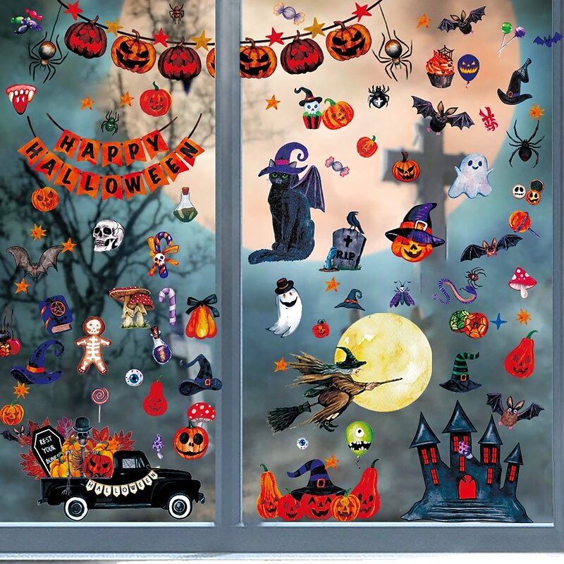 9 Sheets Halloween Window Cling Sticker Decals Decorations Double Side, Grim Reaper Witch Bat Spider Web Silhouette Static Stickers for Glass Window Wall Party Decor3