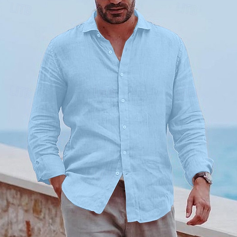 Men's Shirt Linen Shirt Summer Shirt Beach Wear Button Up Shirt Plain Vacation Daily Black White Blue Gray Long Sleeve Turndown Spring & Summer Clothing Apparel