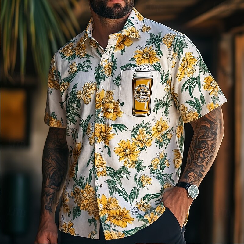 Men's Floral Print Oktoberfest Beer Flowers Shirt Summer Shirt Button Up Shirt Short Sleeve Fashion Casual Outdoor Holiday Summer Spring Turndown 3D Print Collared Shirts Front One Pocket White Orange