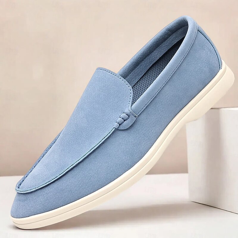 Men's Light Blue Slip-On Casual Loafers – Breathable Faux Suede Flat Shoes with Cushioned Sole for Spring Outfits Daily Commutes and Laid-Back City Walks