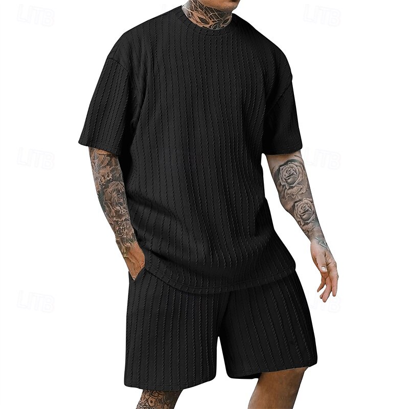 Men's T-shirt Suits 2 Pieces Outfits Tee & Shorts Short Sleeve Crew Neck Summer Plain Fashion Casual 2 Piece Jacquard Vacation Daily Wear Going out Black White Yellow Top Tee for Men3