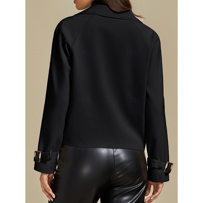 Women's Casual Jacket Comfortable Breathable Buttons Casual Plain Vacation Street Casual Daily Wear Double Breasted Short Turndown Regular Fit Long Sleeve Outerwear Black Spring Fall2