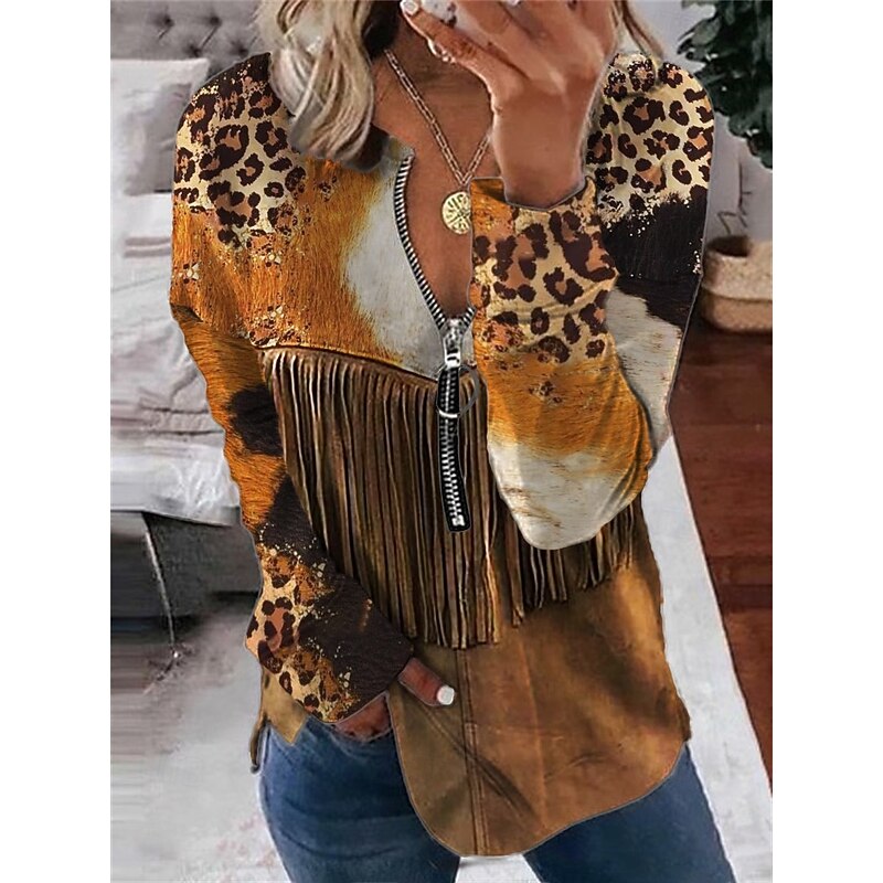 Women's Blouse Leopard Daily Stylish Long Sleeve Crew Neck Regular Tops Daily Going out Print Quarter Zip Blue Brown Spring Fall