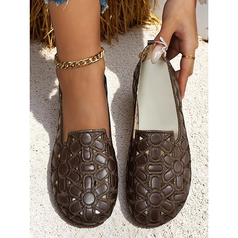Women's Wide Width Slip-On Leather Flats – Floral Cutout Design, Soft Sole Comfort Loafers for Daily Wear, Farm Visits,Beer Festival Events and Garden Picnics3