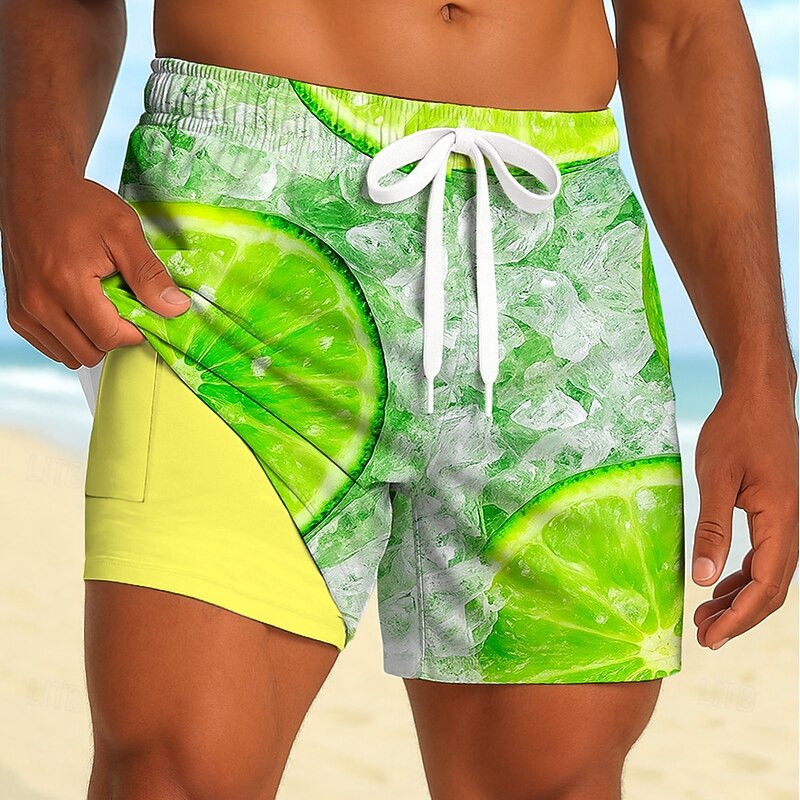 Men's Lemon Ice cube Lined Shorts 2 in 1 Board Shorts Swim Shorts Mid Waist Hawaiian Beach Vacation Wear Side Pockets With Compression Liner Elastic Drawstring Waist Designer Clothing Apparel