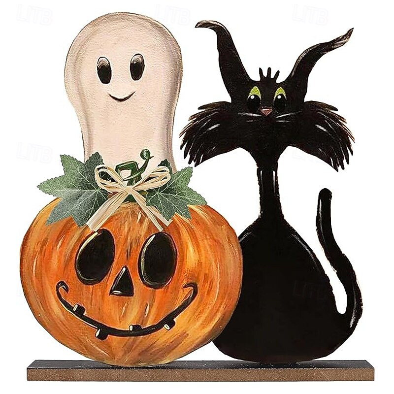 Halloween Wooden Table Signs Decorations, Rustic Pumpkin and Ghost Tiered Tray Decor, Indoor Halloween Wooden Signs for Farmhouse Living Room Tabletop Display3