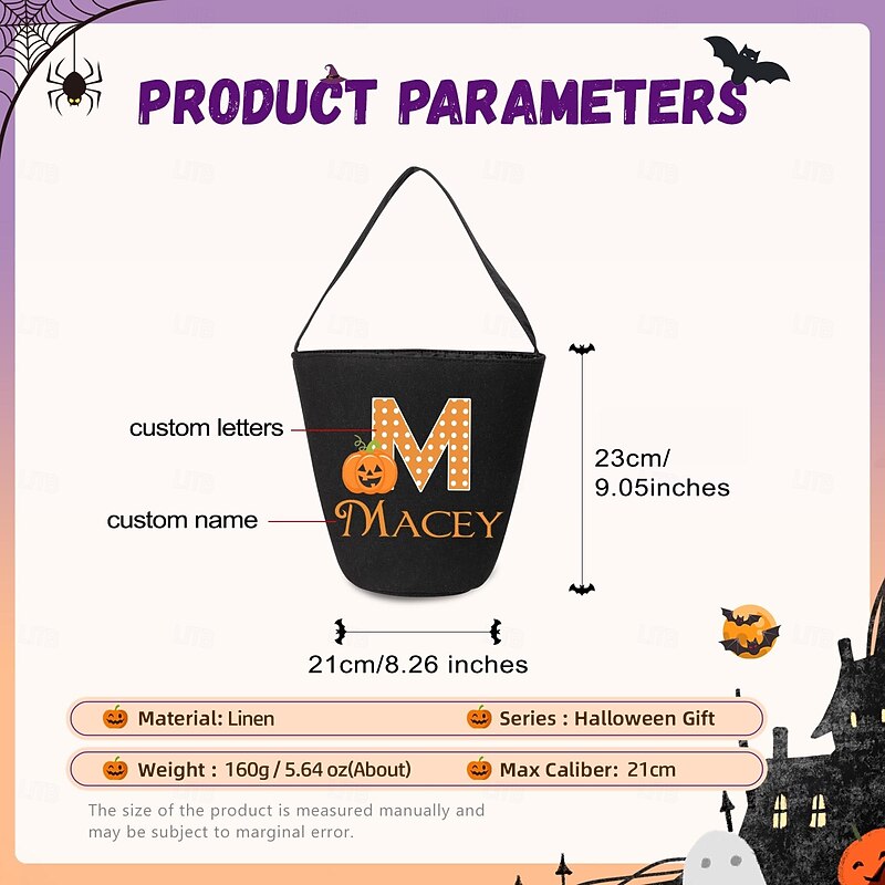 Personalized Halloween Treat Bag for Kids, Custom Name & Initial Jute Candy Tote, Durable Witch Trick or Treat Gift Sack, Ins Style Boho Party Bag for Toddler Girl Boys, Kindergarten Must-Have3