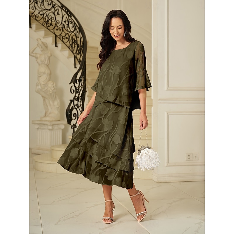 Women's Skirt Elegant Midi Mid Waist Skirts Floral Layered Inelastic Party Causal Olive Summer Chiffon4