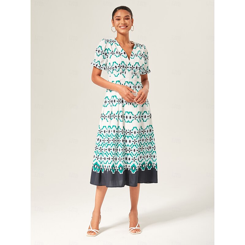 Geometric Rayon V-Neck Midi Dress3