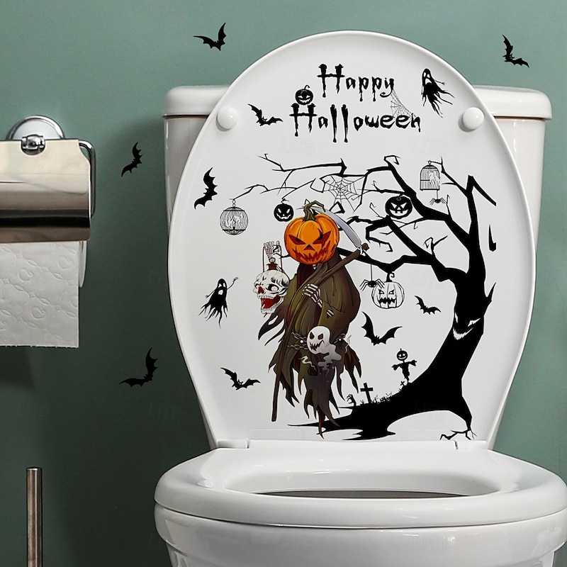 Halloween Toilet Seat Decal Sticker Pumpkin, Ghost, and Bat Design, Self-Adhesive Bathroom Toilet Lid Decoration