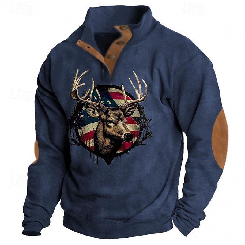 Men's Sweatshirt Navy Blue Brown Standing Collar Graphic Reindeer American Flag Print Daily Holiday Going out Polyester Streetwear Casual Fall Winter Clothing Apparel Hoodies Sweatshirts  Long Sleeve2