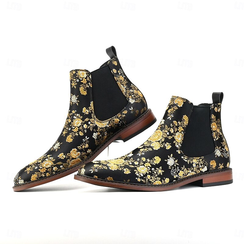 Men's Black Floral Print Chelsea Boots – Unique Slip-On Design with Vibrant Floral Pattern, Ideal for Fashion Events and Special Occasions4